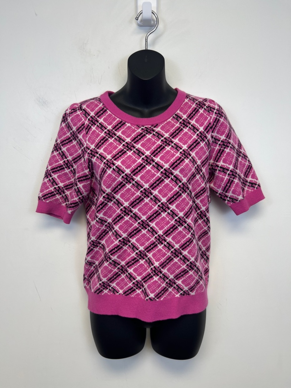 Maeve Anthropologie Women’s  Pink Black White Plaid Short Sleeve Sweater XS